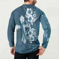 Kia Orana Cook Islands Tapa Floral With Cross Button Sweatshirt Navy Blue LT7 - Polynesian Pride