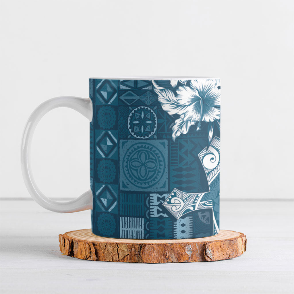 Kia Orana Cook Islands Tapa Floral With Cross Ceramic Mug Navy Blue LT7 Navy Blue - Polynesian Pride