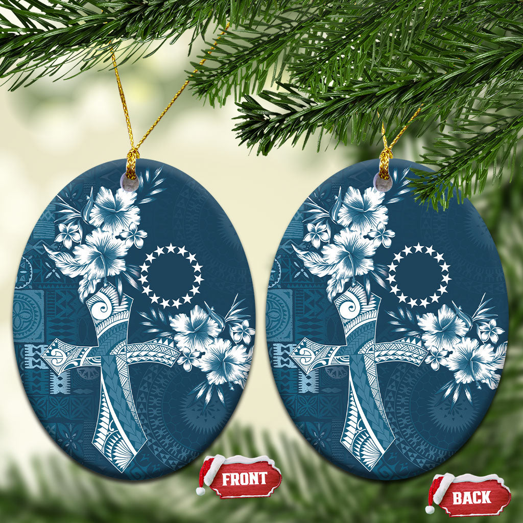 Kia Orana Cook Islands Tapa Floral With Cross Ceramic Ornament Navy Blue