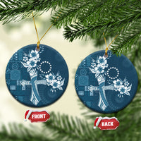 Kia Orana Cook Islands Tapa Floral With Cross Ceramic Ornament Navy Blue