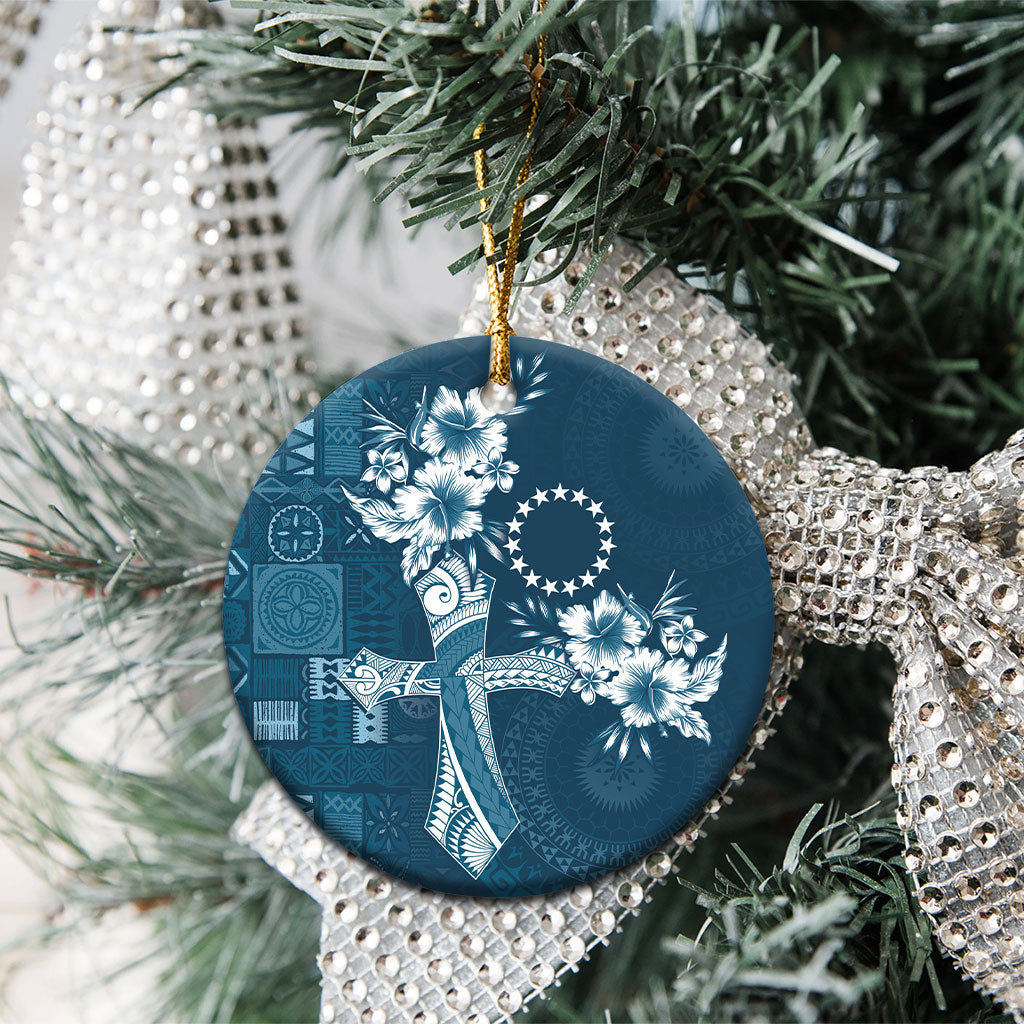 Kia Orana Cook Islands Tapa Floral With Cross Ceramic Ornament Navy Blue