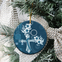Kia Orana Cook Islands Tapa Floral With Cross Ceramic Ornament Navy Blue