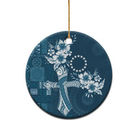 Kia Orana Cook Islands Tapa Floral With Cross Ceramic Ornament Navy Blue