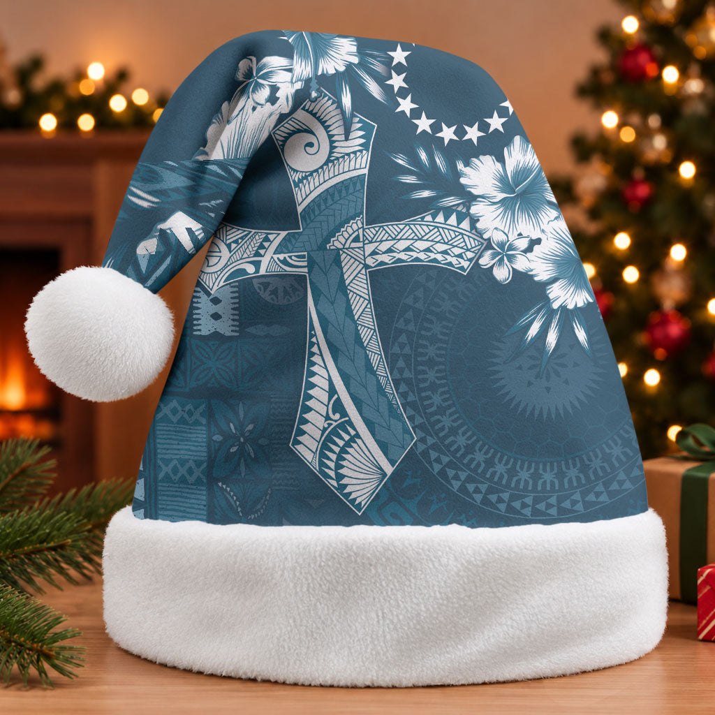 Kia Orana Cook Islands Tapa Floral With Cross Christmas Santa Hat Navy Blue LT7 Without Fur Navy Blue - Polynesian Pride