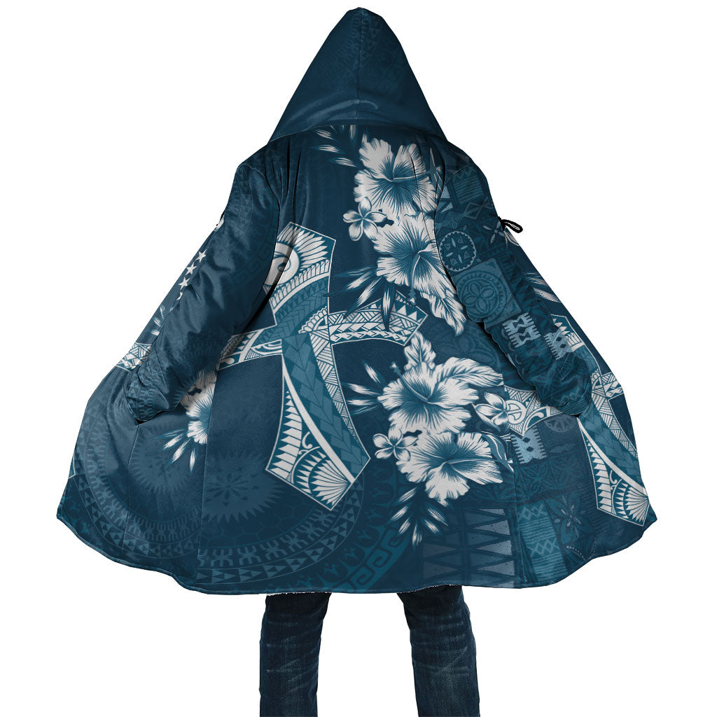 Kia Orana Cook Islands Tapa Floral With Cross Cloak Navy Blue