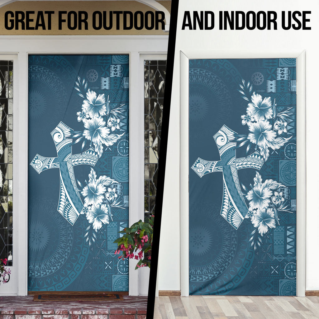 Kia Orana Cook Islands Tapa Floral With Cross Door Cover Navy Blue LT7 - Polynesian Pride