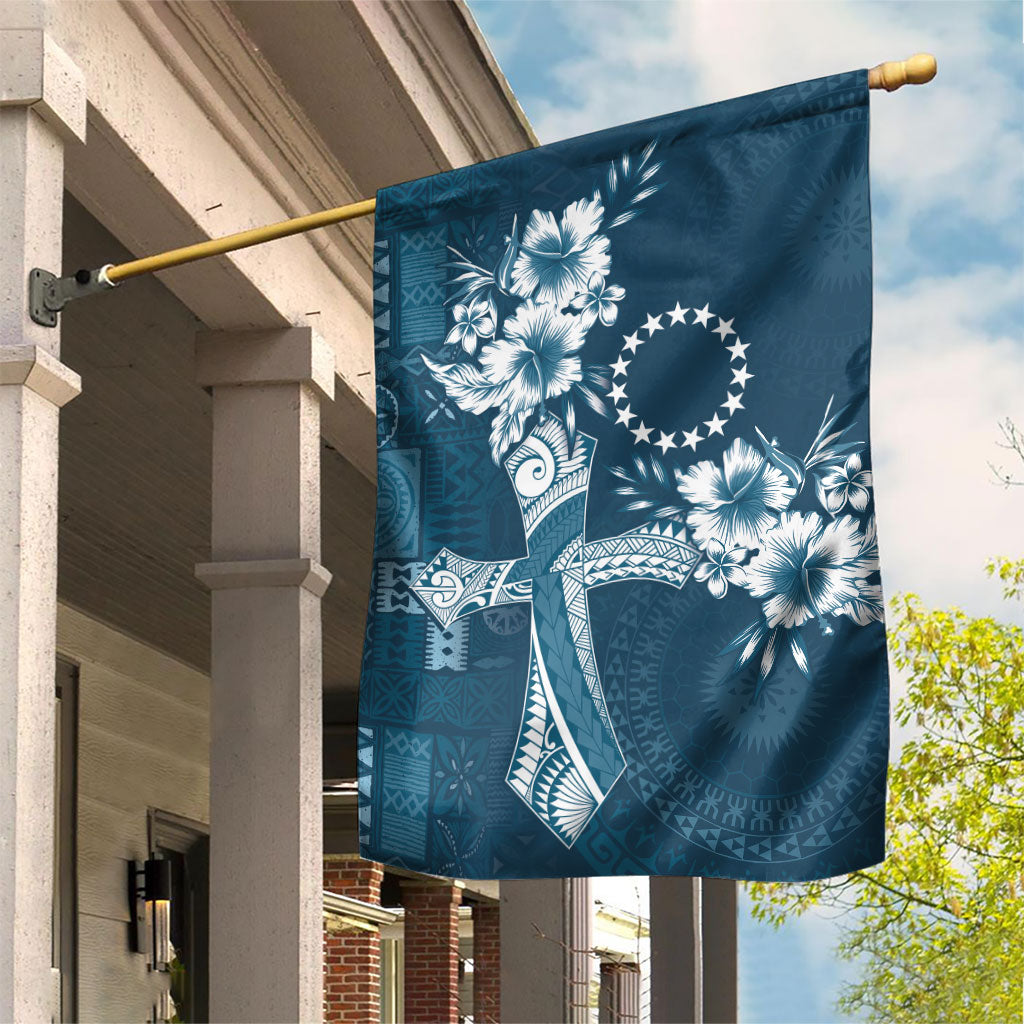 Kia Orana Cook Islands Tapa Floral With Cross Garden Flag Navy Blue LT7 House Flag Navy Blue - Polynesian Pride