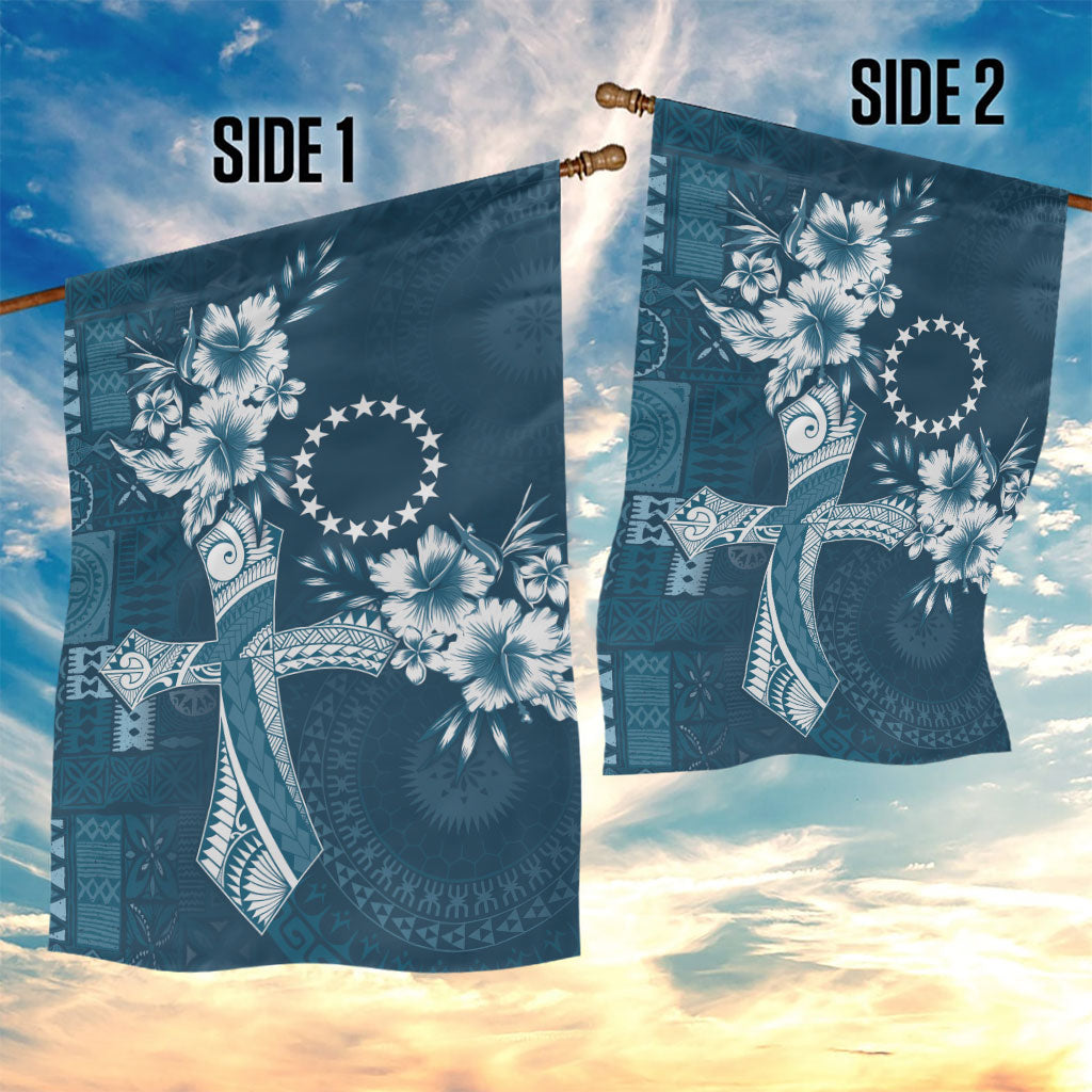 Kia Orana Cook Islands Tapa Floral With Cross Garden Flag Navy Blue LT7 - Polynesian Pride