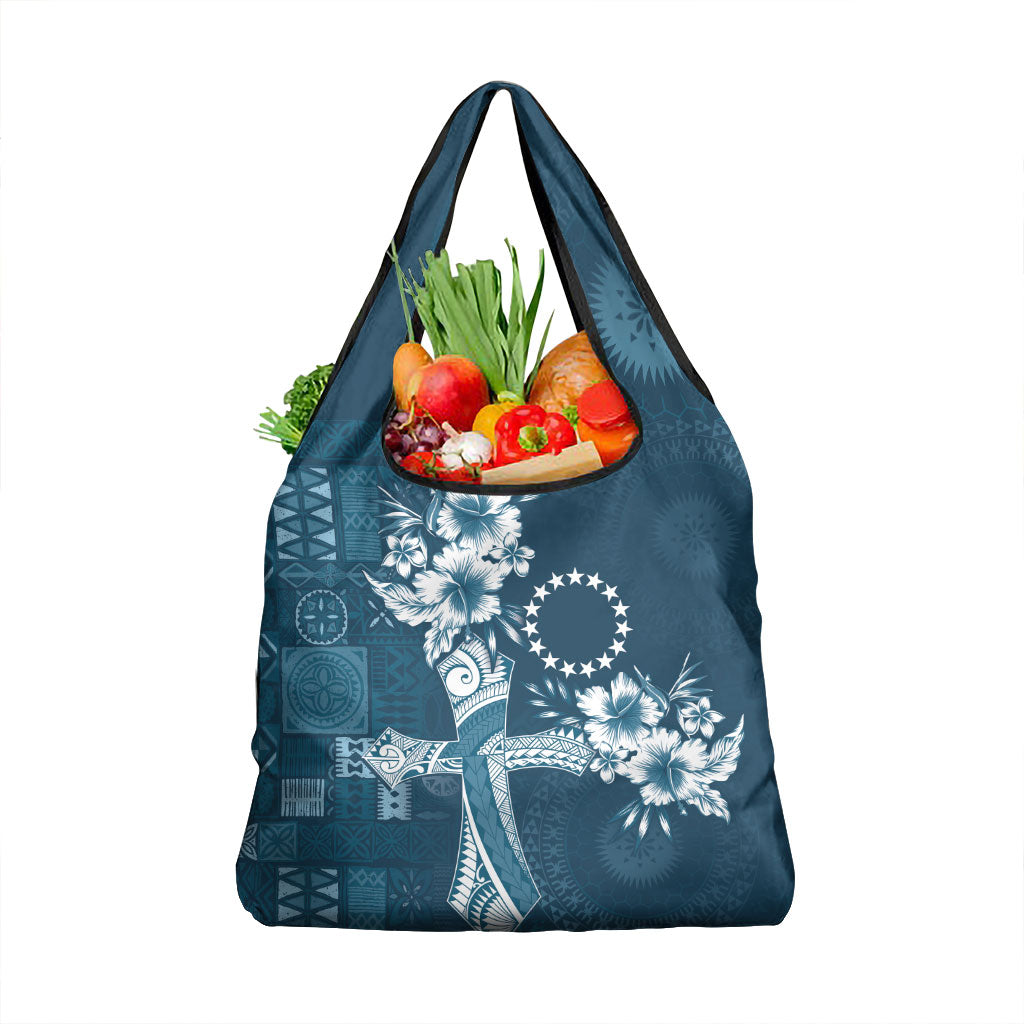 Kia Orana Cook Islands Tapa Floral With Cross Grocery Bag Navy Blue