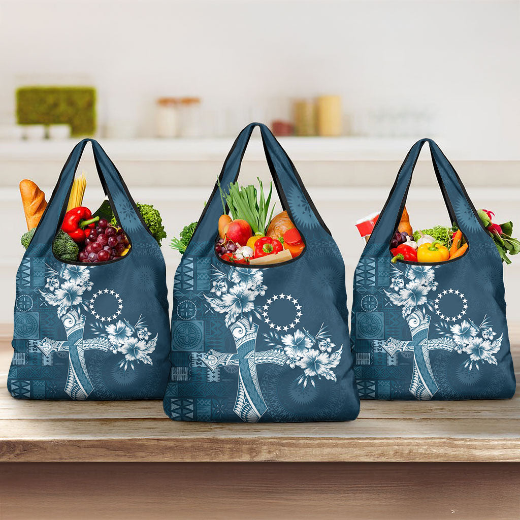 Kia Orana Cook Islands Tapa Floral With Cross Grocery Bag Navy Blue LT7 3-pack One Size Navy Blue - Polynesian Pride