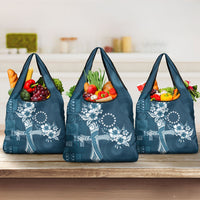 Kia Orana Cook Islands Tapa Floral With Cross Grocery Bag Navy Blue LT7 3-pack One Size Navy Blue - Polynesian Pride