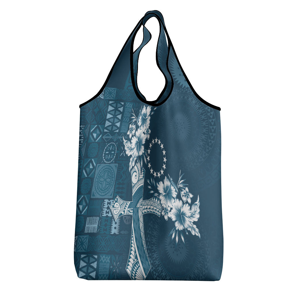 Kia Orana Cook Islands Tapa Floral With Cross Grocery Bag Navy Blue LT7 - Polynesian Pride