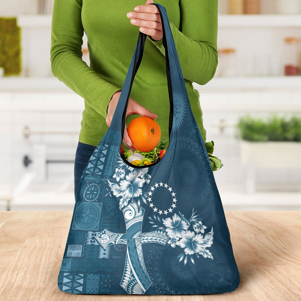 Kia Orana Cook Islands Tapa Floral With Cross Grocery Bag Navy Blue LT7 - Polynesian Pride