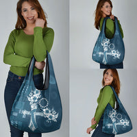 Kia Orana Cook Islands Tapa Floral With Cross Grocery Bag Navy Blue LT7 - Polynesian Pride