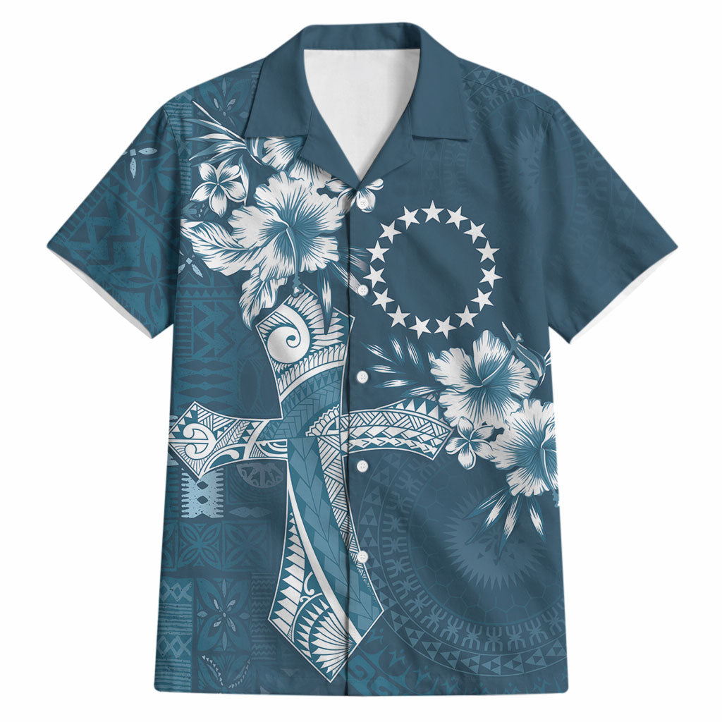 Kia Orana Cook Islands Tapa Floral With Cross Hawaiian Shirt Navy Blue LT7 Navy Blue - Polynesian Pride
