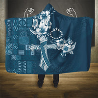 Kia Orana Cook Islands Tapa Floral With Cross Hooded Blanket Navy Blue LT7 - Polynesian Pride