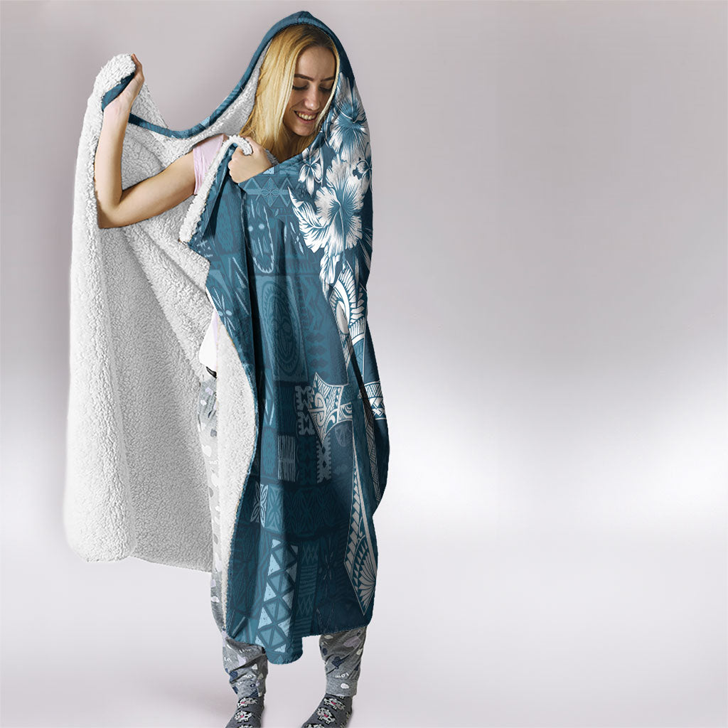 Kia Orana Cook Islands Tapa Floral With Cross Hooded Blanket Navy Blue LT7 - Polynesian Pride