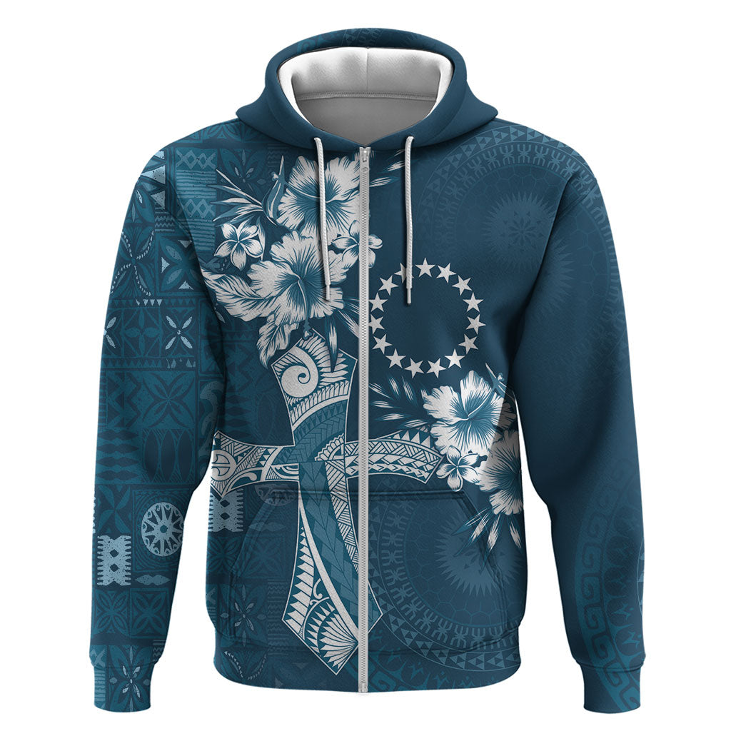 Kia Orana Cook Islands Tapa Floral With Cross Hoodie Navy Blue LT7 Zip Hoodie Navy Blue - Polynesian Pride