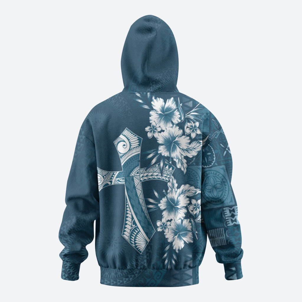 Kia Orana Cook Islands Tapa Floral With Cross Hoodie Navy Blue LT7 - Polynesian Pride