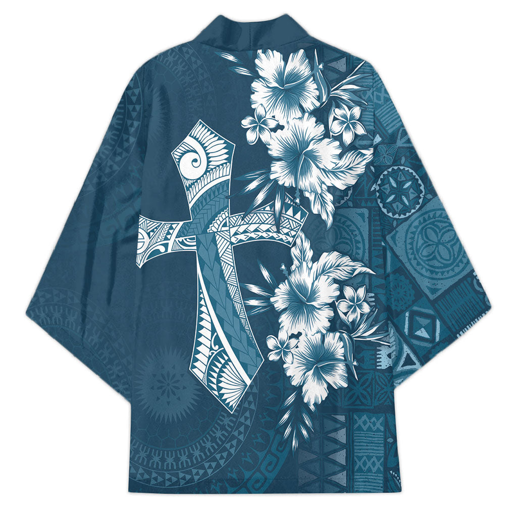 Kia Orana Cook Islands Tapa Floral With Cross Kimono Navy Blue LT7 - Polynesian Pride
