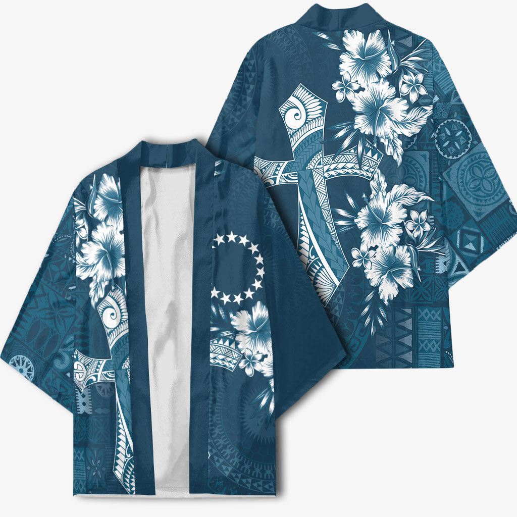 Kia Orana Cook Islands Tapa Floral With Cross Kimono Navy Blue LT7 - Polynesian Pride