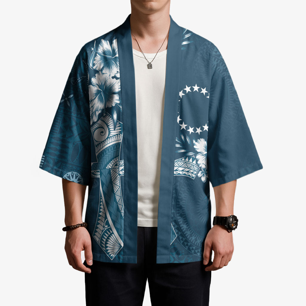 Kia Orana Cook Islands Tapa Floral With Cross Kimono Navy Blue LT7 - Polynesian Pride