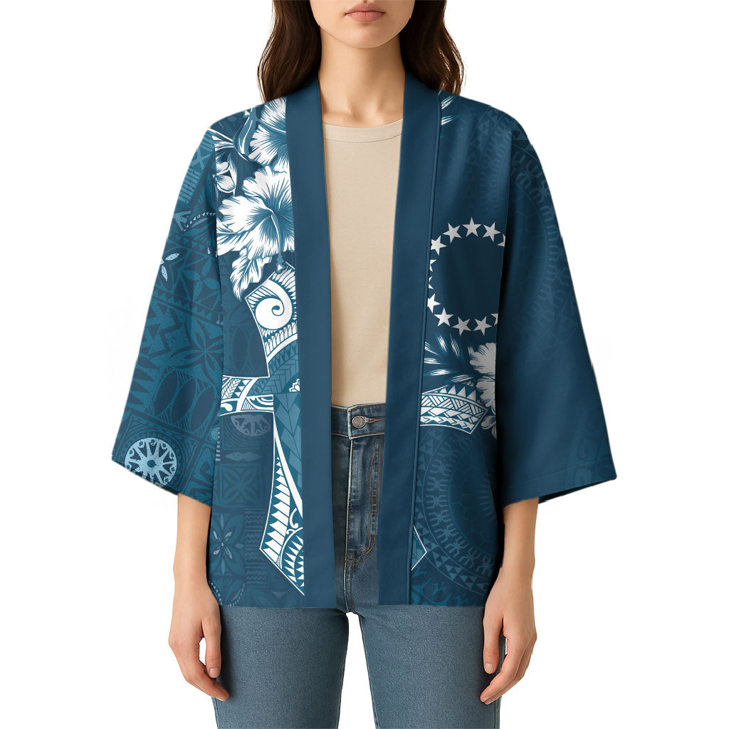 Kia Orana Cook Islands Tapa Floral With Cross Kimono Navy Blue LT7 - Polynesian Pride