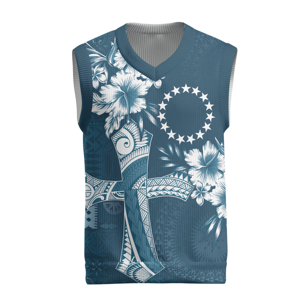 Kia Orana Cook Islands Tapa Floral With Cross Christmas Knitted V-Neck Vest Navy Blue LT7 Navy Blue - Polynesian Pride