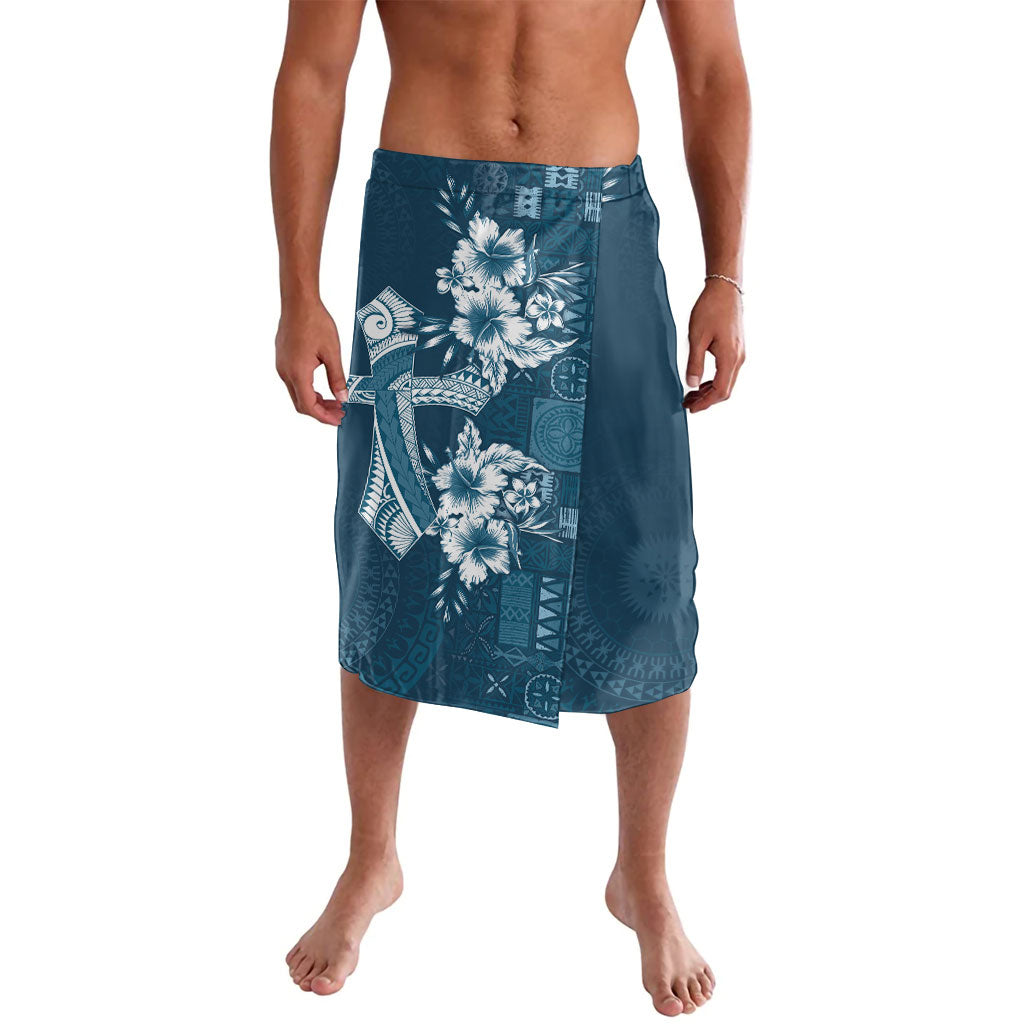 Kia Orana Cook Islands Tapa Floral With Cross Lavalava Navy Blue LT7 Navy Blue - Polynesian Pride