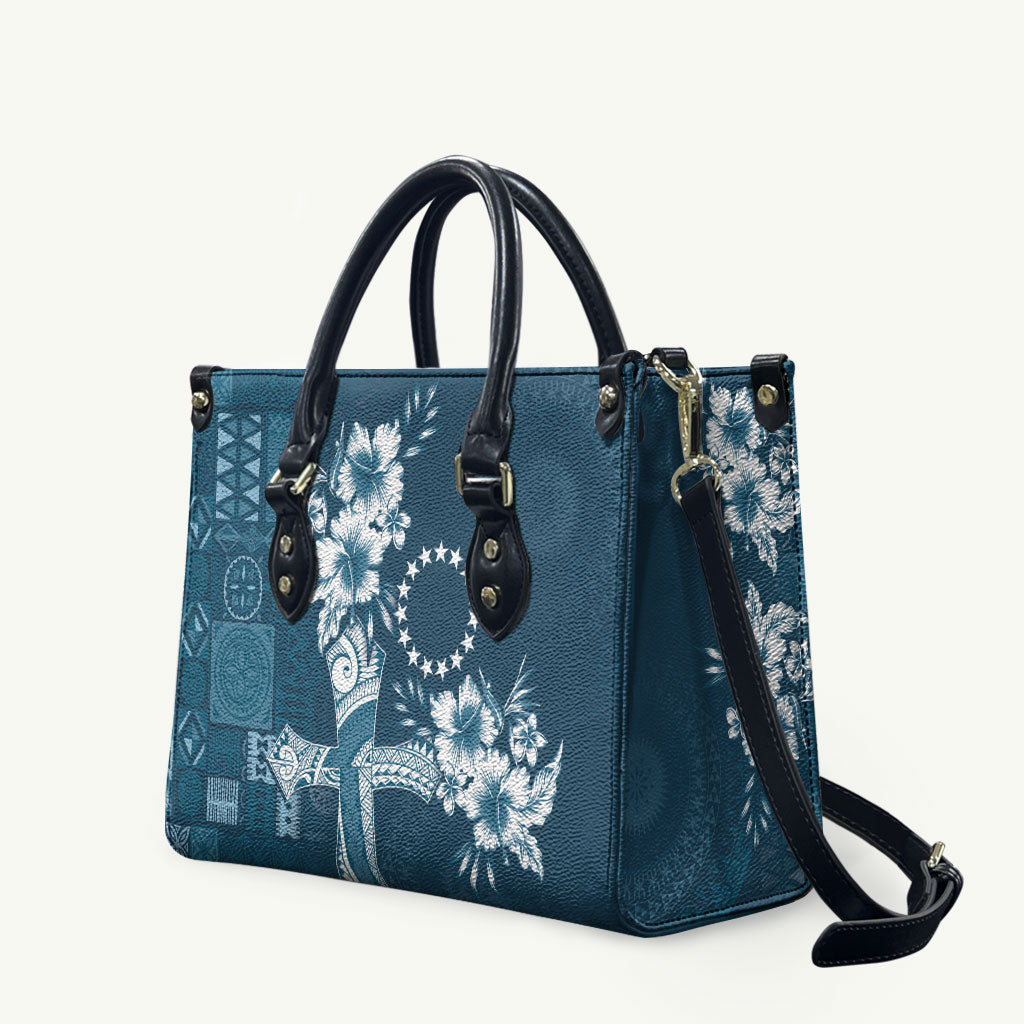 Kia Orana Cook Islands Tapa Floral With Cross Leather Bag Navy Blue LT7 Navy Blue - Polynesian Pride