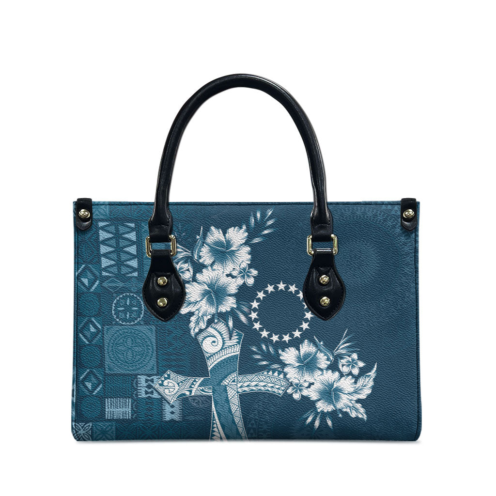 Kia Orana Cook Islands Tapa Floral With Cross Leather Bag Navy Blue LT7 - Polynesian Pride
