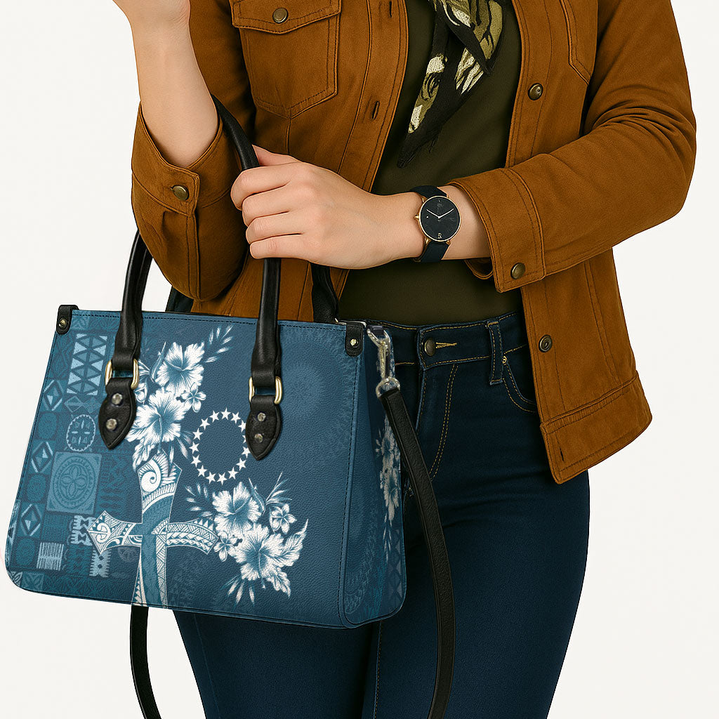Kia Orana Cook Islands Tapa Floral With Cross Leather Bag Navy Blue LT7 - Polynesian Pride