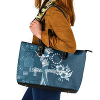 Kia Orana Cook Islands Tapa Floral With Cross Leather Tote Bag Navy Blue LT7 Navy Blue - Polynesian Pride