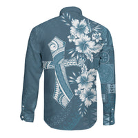 Kia Orana Cook Islands Tapa Floral With Cross Long Sleeve Button Shirt Navy Blue LT7 - Polynesian Pride