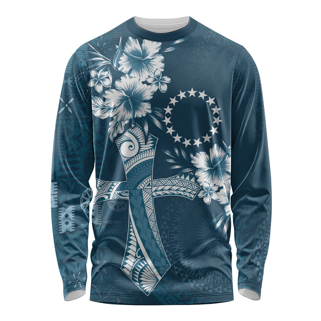 Kia Orana Cook Islands Tapa Floral With Cross Long Sleeve Shirt Navy Blue LT7 Unisex Navy Blue - Polynesian Pride