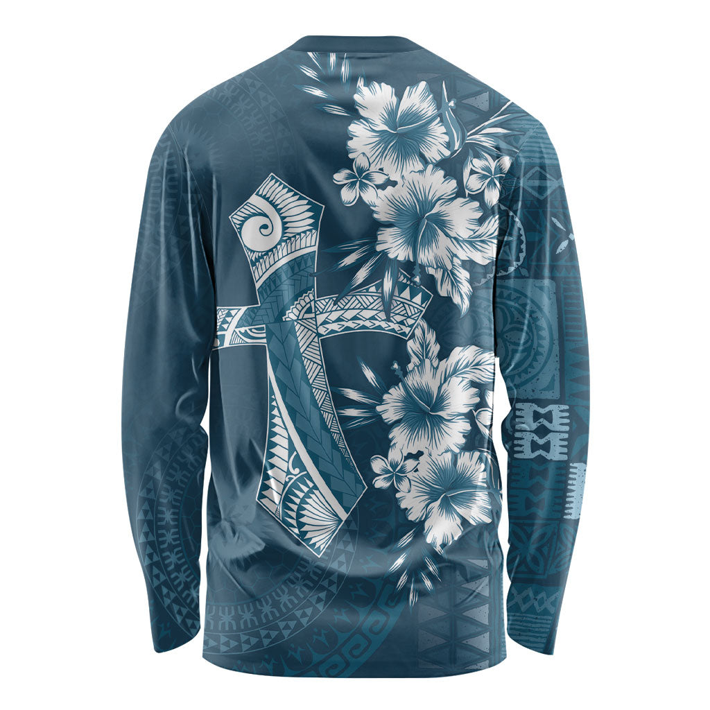 Kia Orana Cook Islands Tapa Floral With Cross Long Sleeve Shirt Navy Blue LT7 - Polynesian Pride
