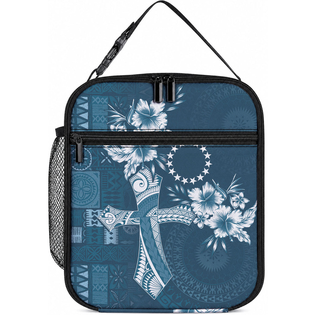 Kia Orana Cook Islands Tapa Floral With Cross Lunch Bag Navy Blue LT7 10.2 × 8.3 × 4.3 inch Navy Blue - Polynesian Pride