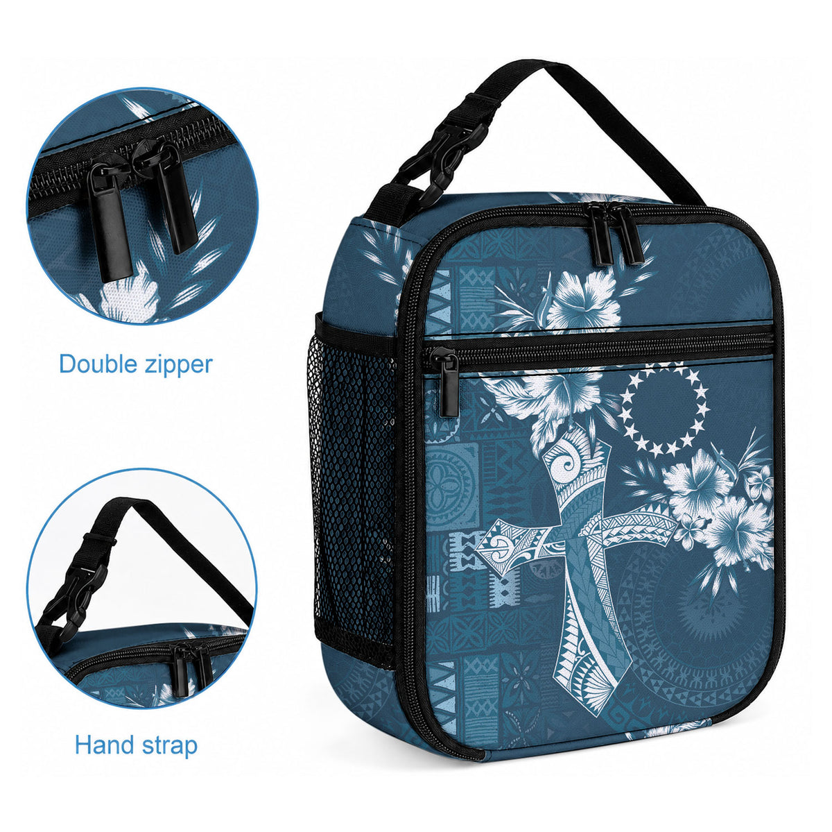 Kia Orana Cook Islands Tapa Floral With Cross Lunch Bag Navy Blue LT7 - Polynesian Pride