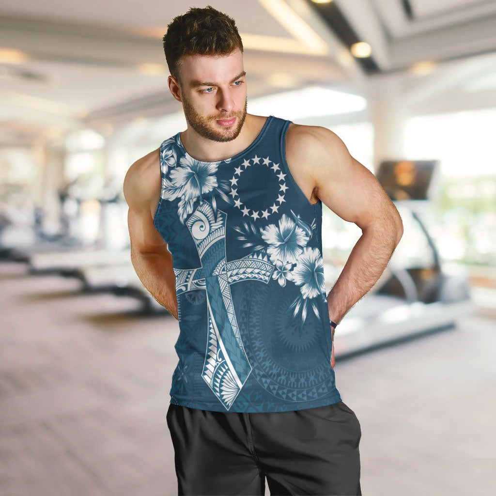 Kia Orana Cook Islands Tapa Floral With Cross Men Tank Top Navy Blue LT7 Navy Blue - Polynesian Pride