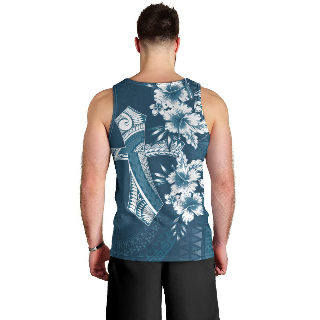 Kia Orana Cook Islands Tapa Floral With Cross Men Tank Top Navy Blue LT7 - Polynesian Pride