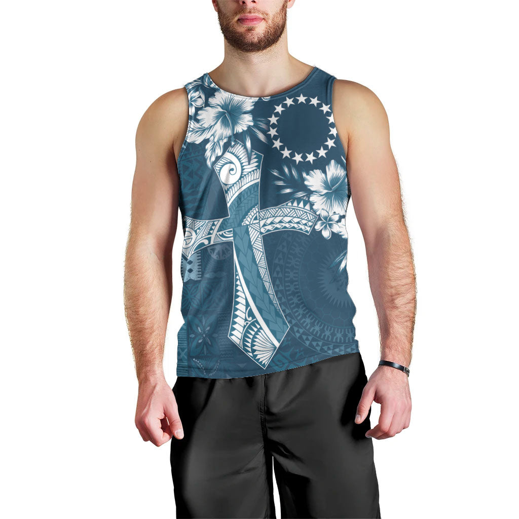 Kia Orana Cook Islands Tapa Floral With Cross Men Tank Top Navy Blue LT7 - Polynesian Pride