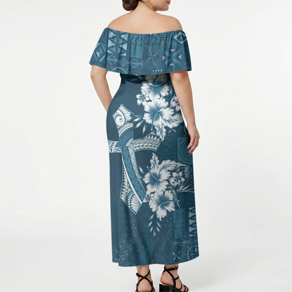 Kia Orana Cook Islands Tapa Floral With Cross Off Shoulder Maxi Dress Navy Blue LT7 - Polynesian Pride