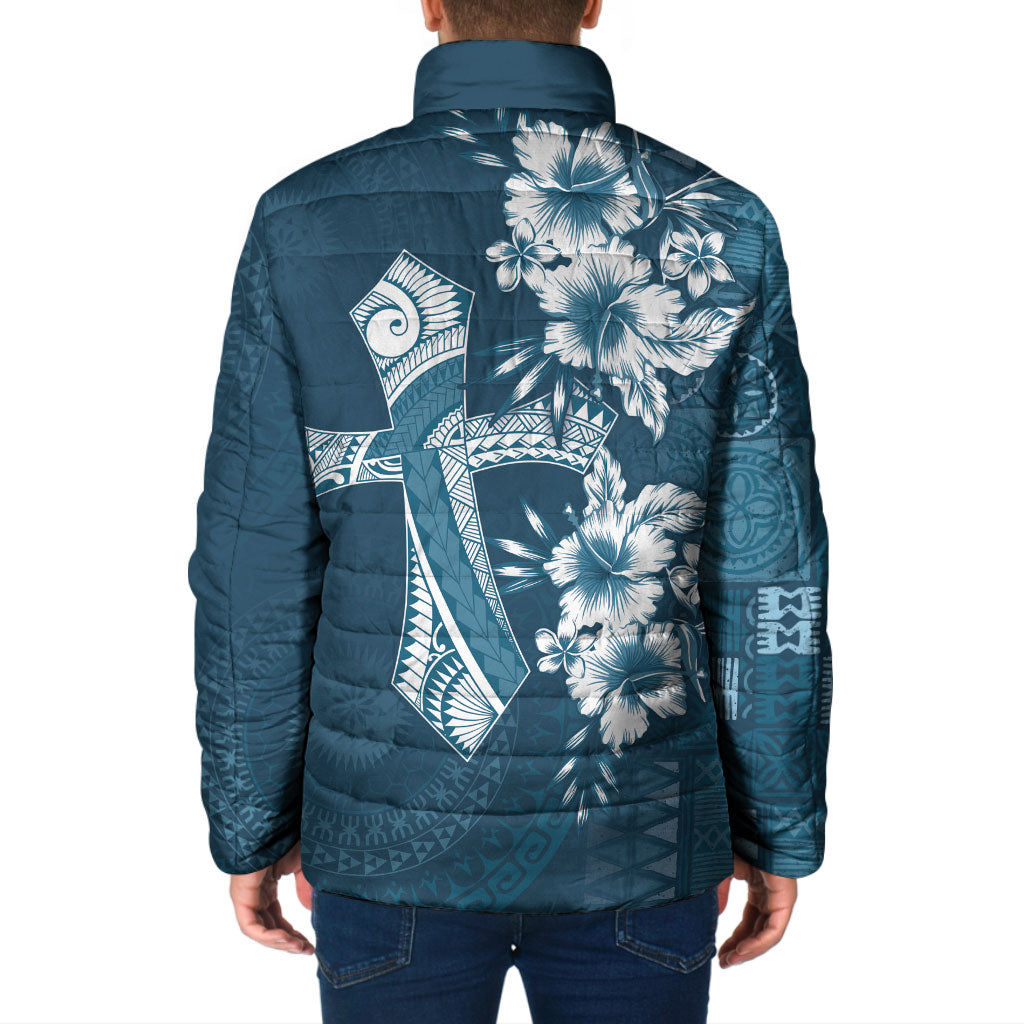 Kia Orana Cook Islands Tapa Floral With Cross Padded Jacket Navy Blue LT7 - Polynesian Pride