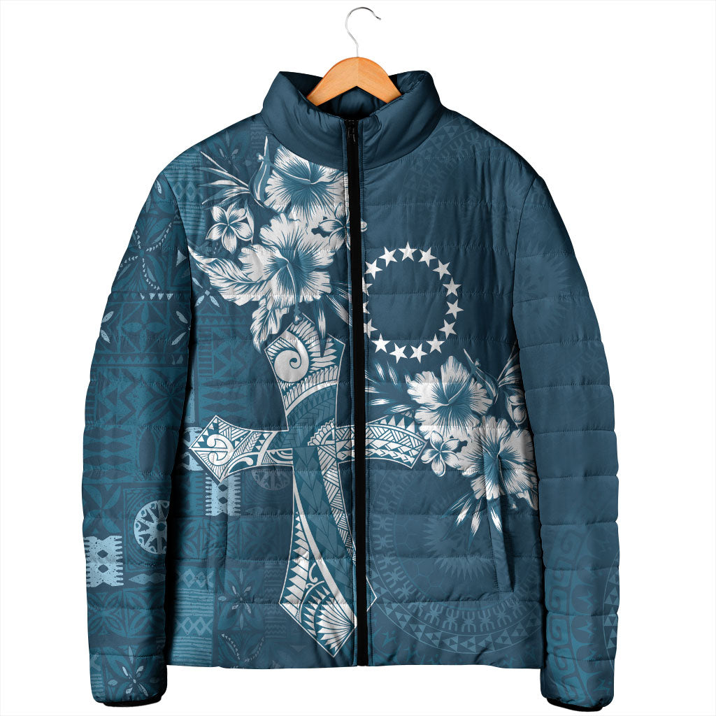 Kia Orana Cook Islands Tapa Floral With Cross Padded Jacket Navy Blue LT7 - Polynesian Pride