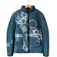 Kia Orana Cook Islands Tapa Floral With Cross Padded Jacket Navy Blue LT7 - Polynesian Pride