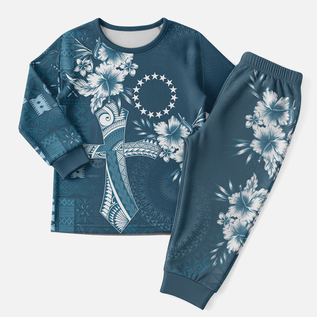 Kia Orana Cook Islands Tapa Floral With Cross Christmas Pajama Set Navy Blue LT7 Men Navy Blue - Polynesian Pride