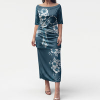 Kia Orana Cook Islands Tapa Floral With Cross Puletasi Navy Blue LT7 Long Dress Navy Blue - Polynesian Pride