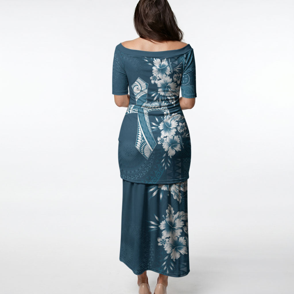 Kia Orana Cook Islands Tapa Floral With Cross Puletasi Navy Blue LT7 - Polynesian Pride