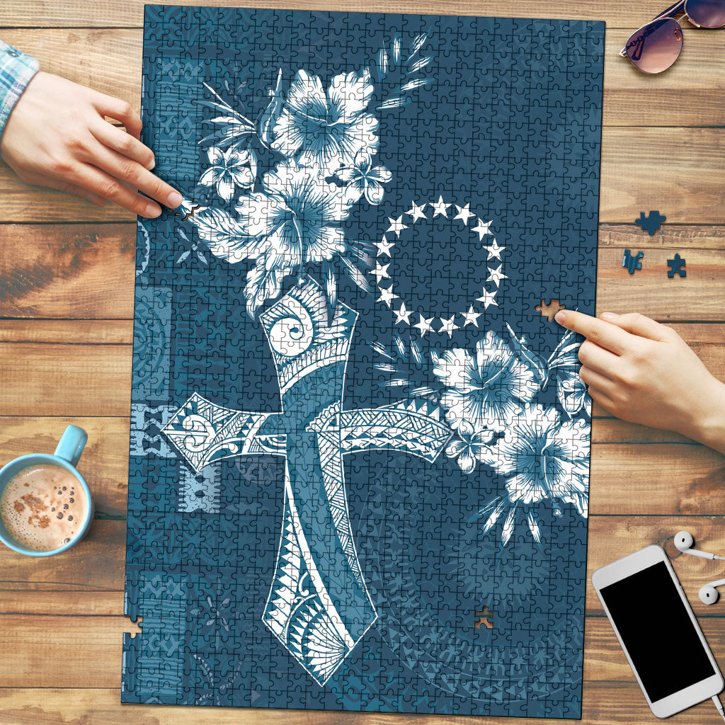 Kia Orana Cook Islands Tapa Floral With Cross Puzzle Navy Blue LT7 Navy Blue - Polynesian Pride