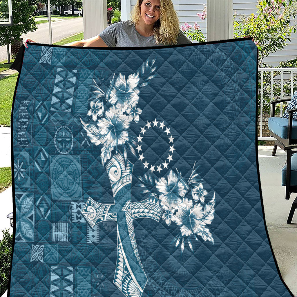 Kia Orana Cook Islands Tapa Floral With Cross Quilt Navy Blue LT7 Navy Blue - Polynesian Pride